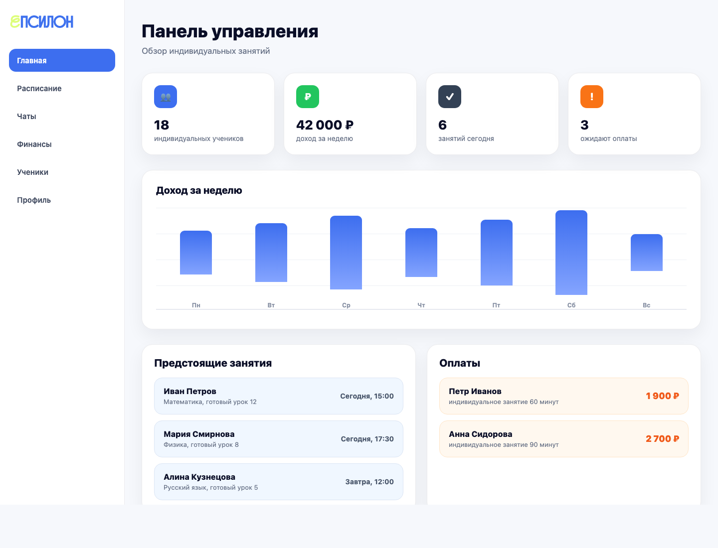 Панель управления репетитора в платформе Эпсилон